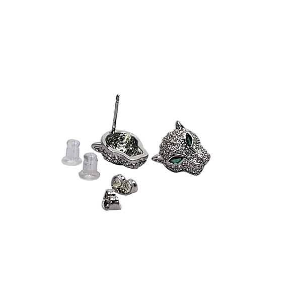 Silvertone Round Pave` Crystal Green Marquise Eyes Panther Cat Stud Earrings - Picture 6 of 9